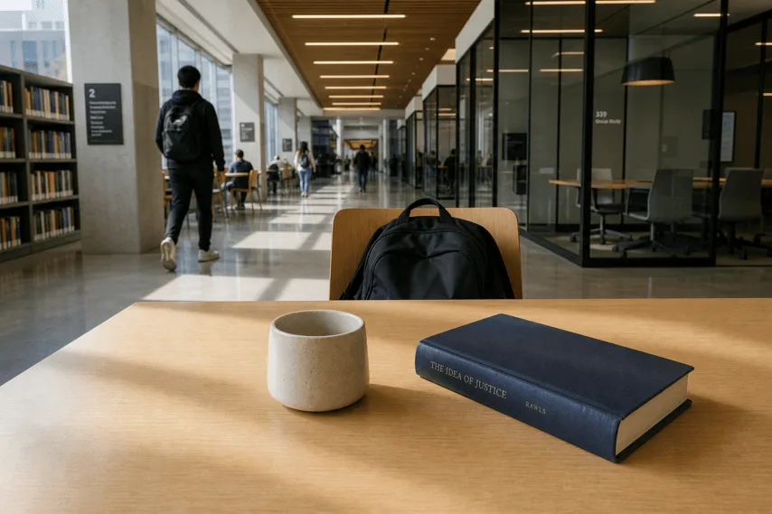 Front-camera view from an iPad on a library desk — a book and mug in front, a backpack on the chair opposite.