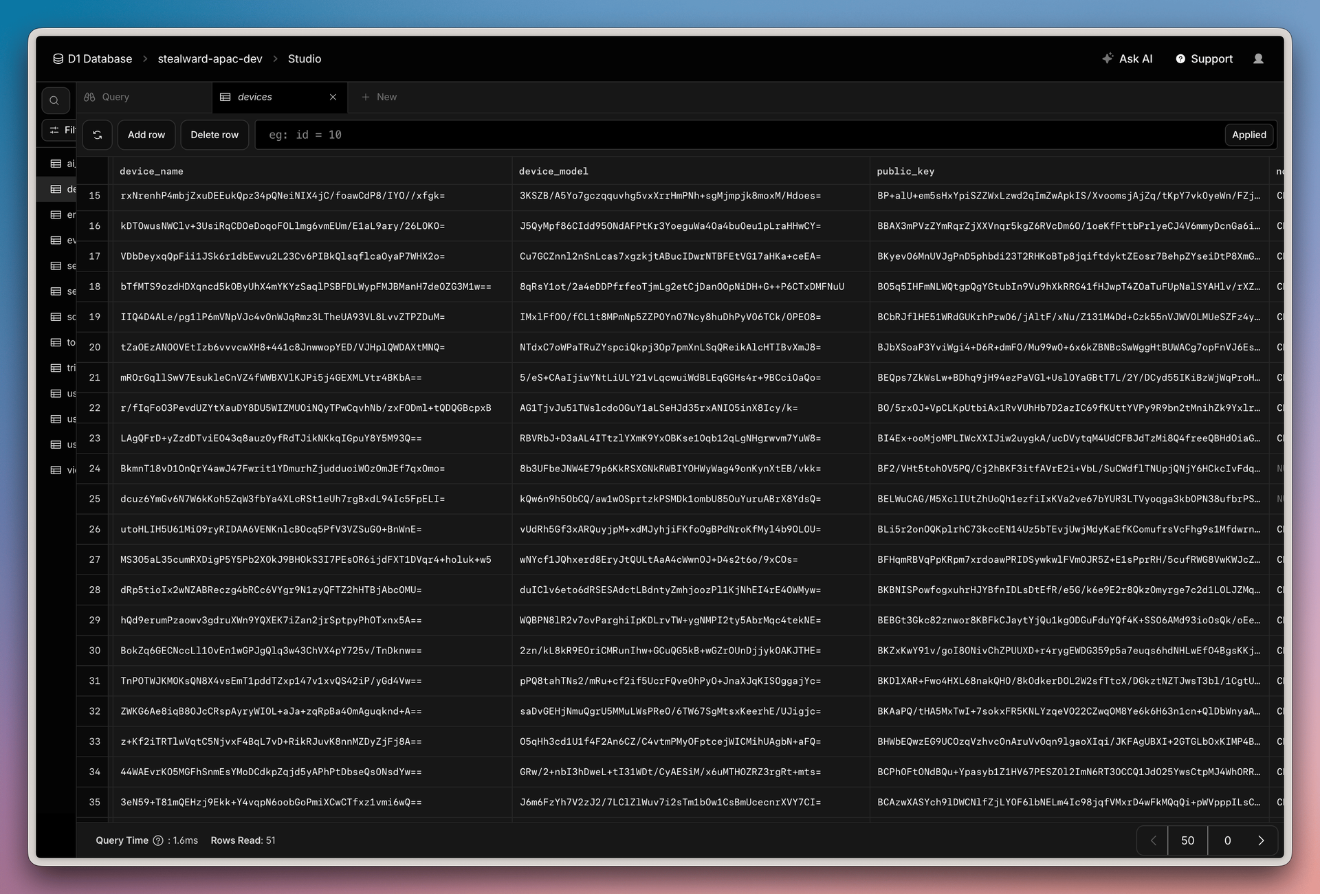 Encrypted device names and models in a sample from Stealward’s development environment